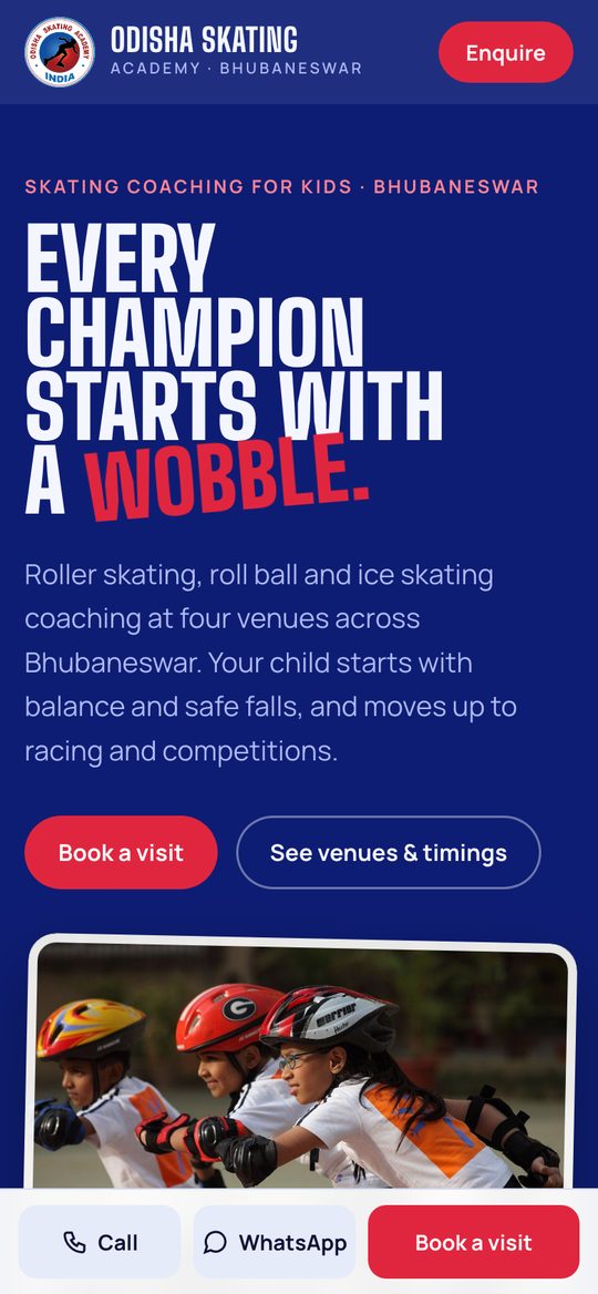 The Odisha Skating Academy website on a phone